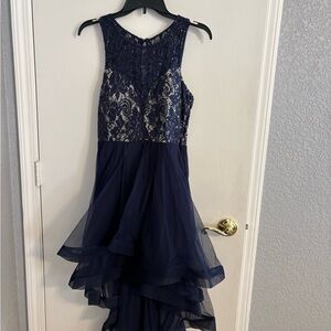 Elegant Navy Blue Lace Junior Hi low Dress
